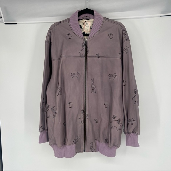 Free People Purple Oversized Leather Animal Print Embroidered Bomber Jacket S - Picture 2 of 10